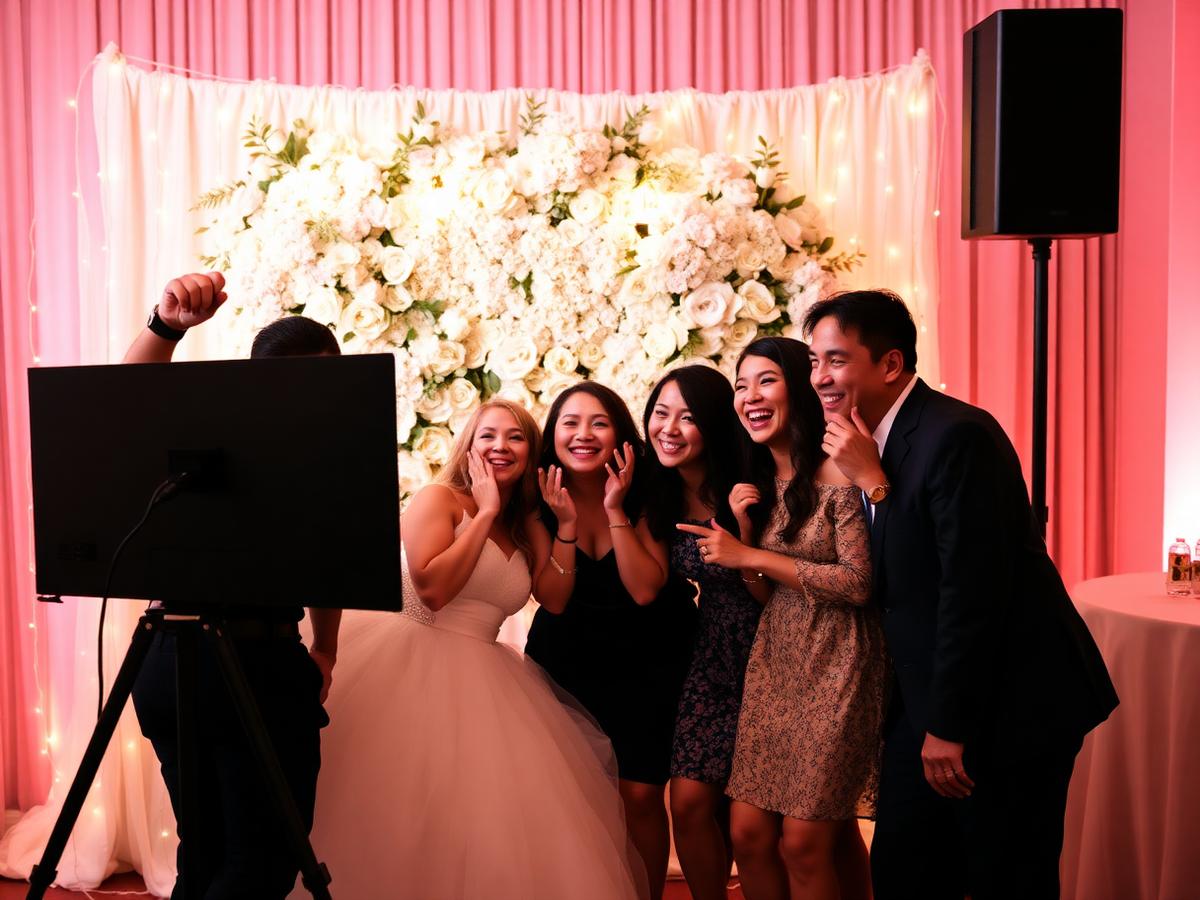 Guests laughing together at an elegant photo booth setup