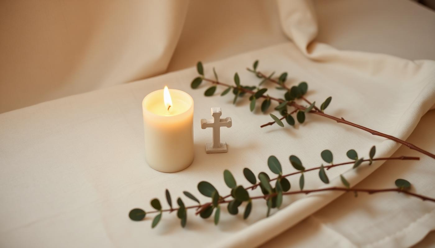 A candle, small cross and eucalyptus on cream linen